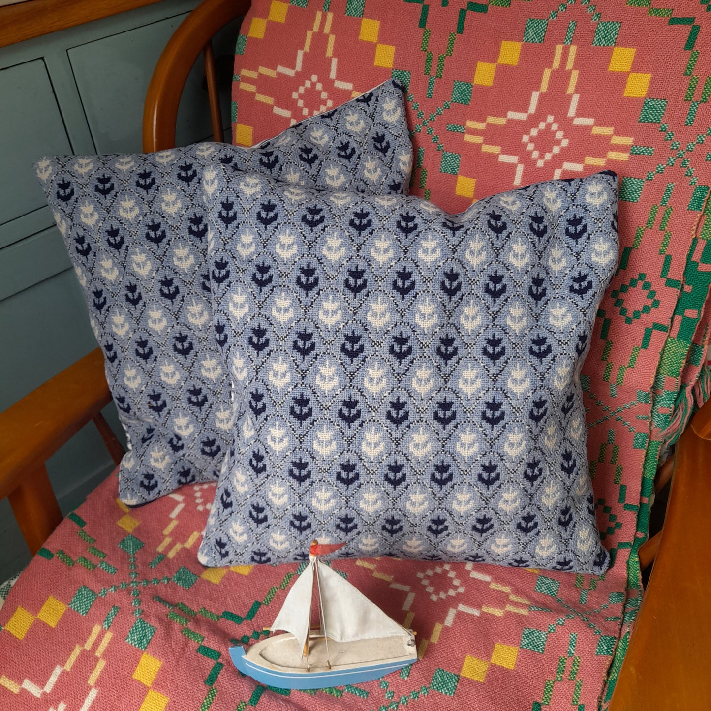 PAIR of Cushions in Navy, Blue & White Made From Vintage Welsh Tapestry 'Tulip' Fabric by Brynkir Woollen Mill 18"