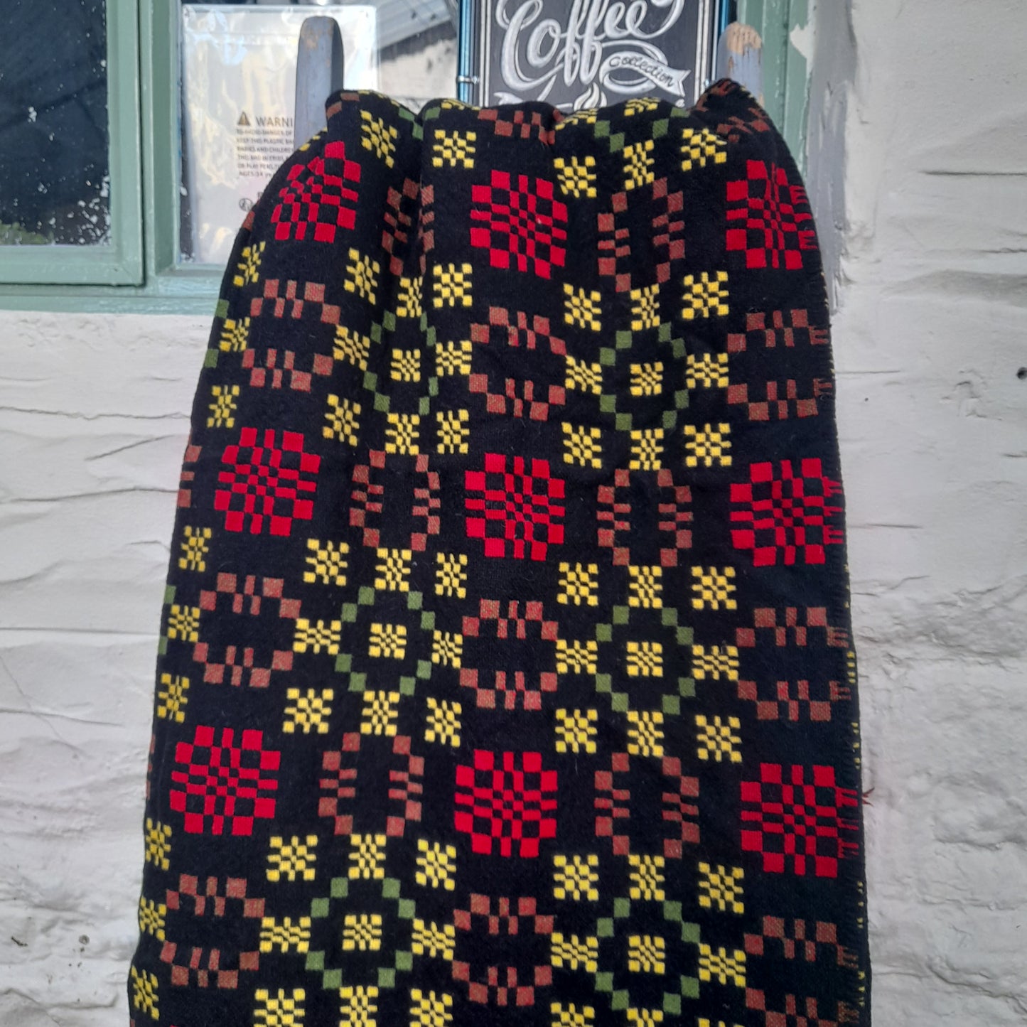 RARE Vintage Welsh Tapestry Blanket in Black, Red, Yellowy Green by Ben Jones at Alltcavan Mill King Size