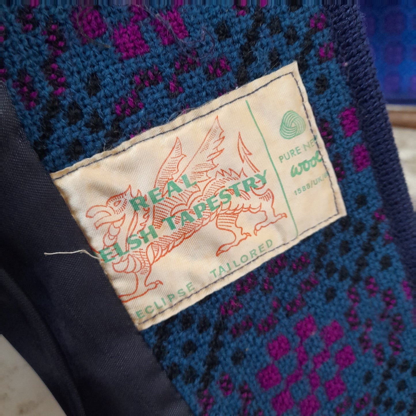 Vintage Welsh Wool Tapestry Pea Coat in Blue & Pink Large Size 18