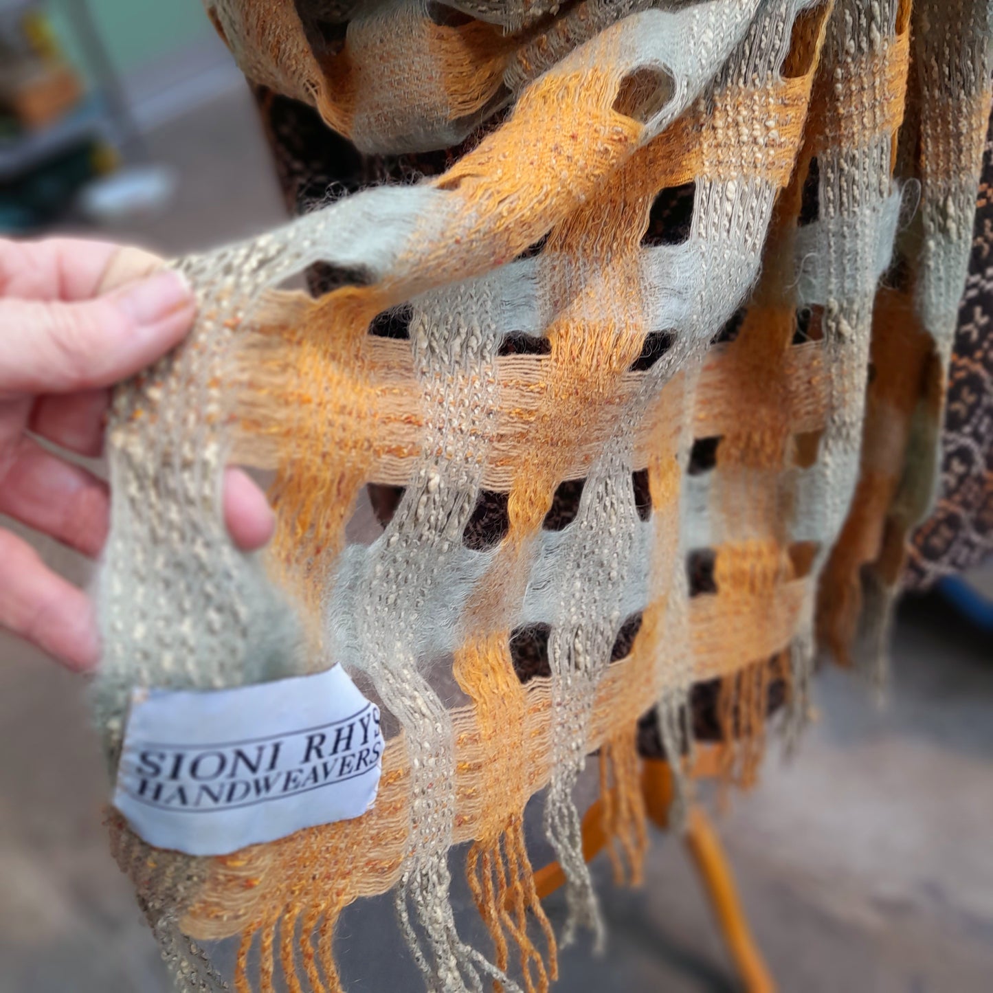 Sioni Rhys Handwoven Wool Wrap/Shawl in Burnt Orange & Sage Green