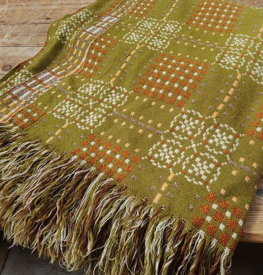 RARE Vintage Welsh Tapestry Blanket in Olive Green, Orange & Off White Huge King Size