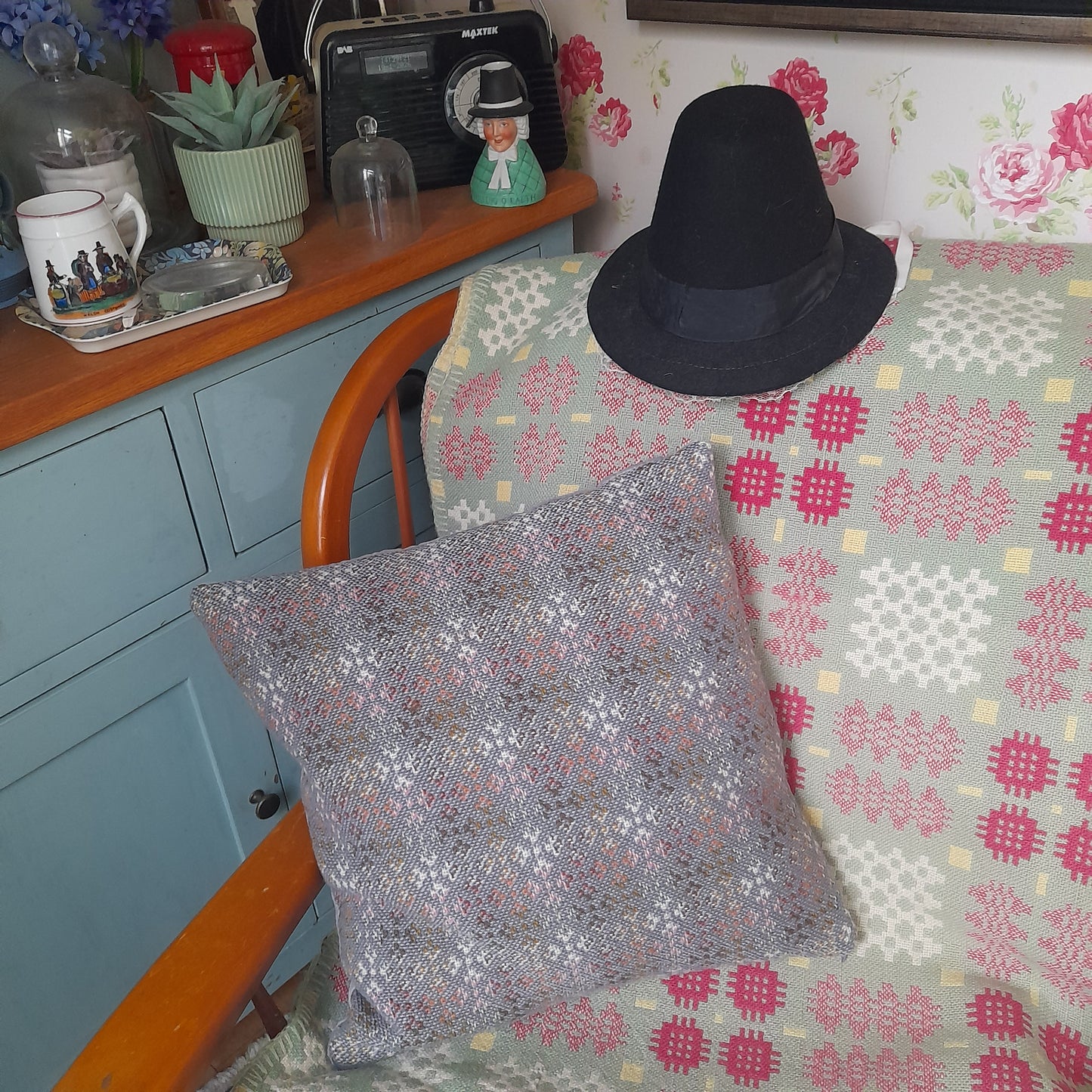PAIR Handmade Cushion Made From Vintage Welsh Wool Tapestry in Grey 18"