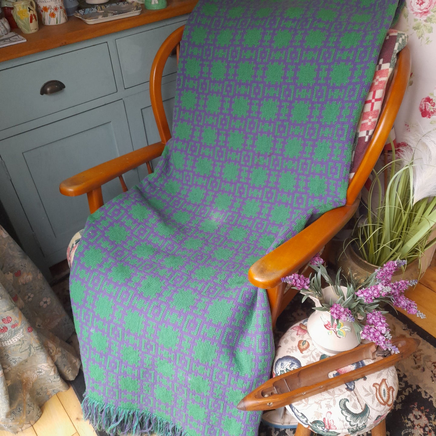 RARE Vintage Welsh Tapestry Blanket in Bright Green & Purple Woven by Arthur Morus Dolwerdd Mill