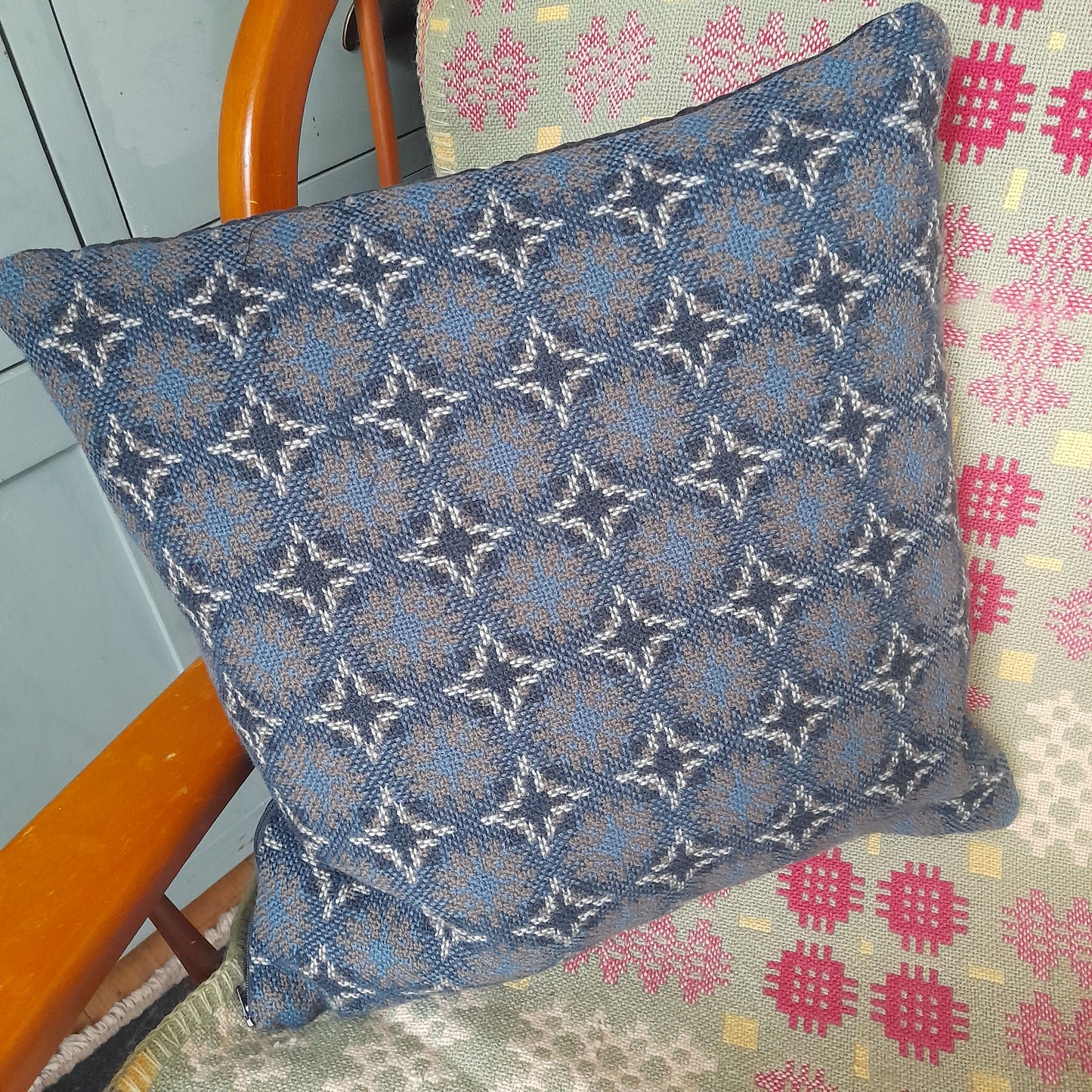 Handmade Cushion Made From Vintage Welsh Tapestry Woven Fabric in Navy & Grey 18"