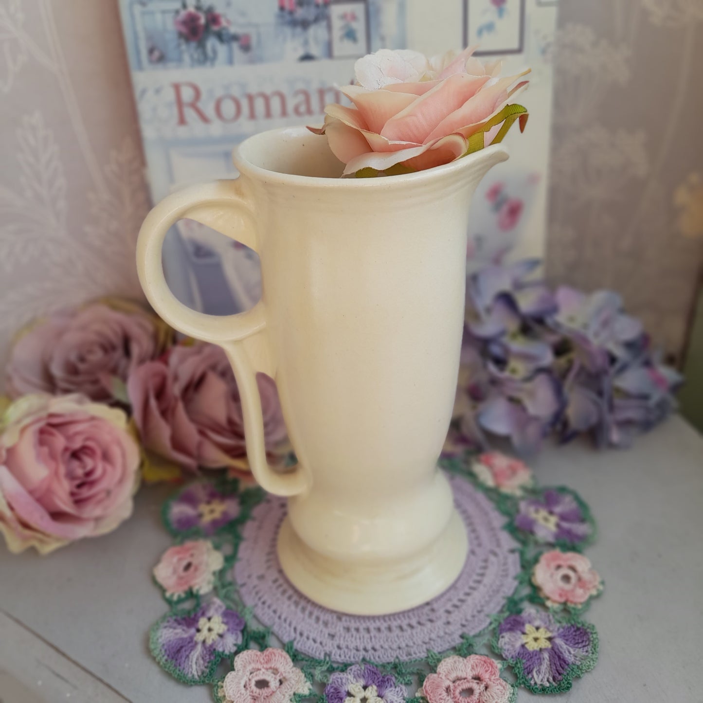 Vintage Art Deco Cream Ceramic Pitcher Vase, Elegant Footed Jug