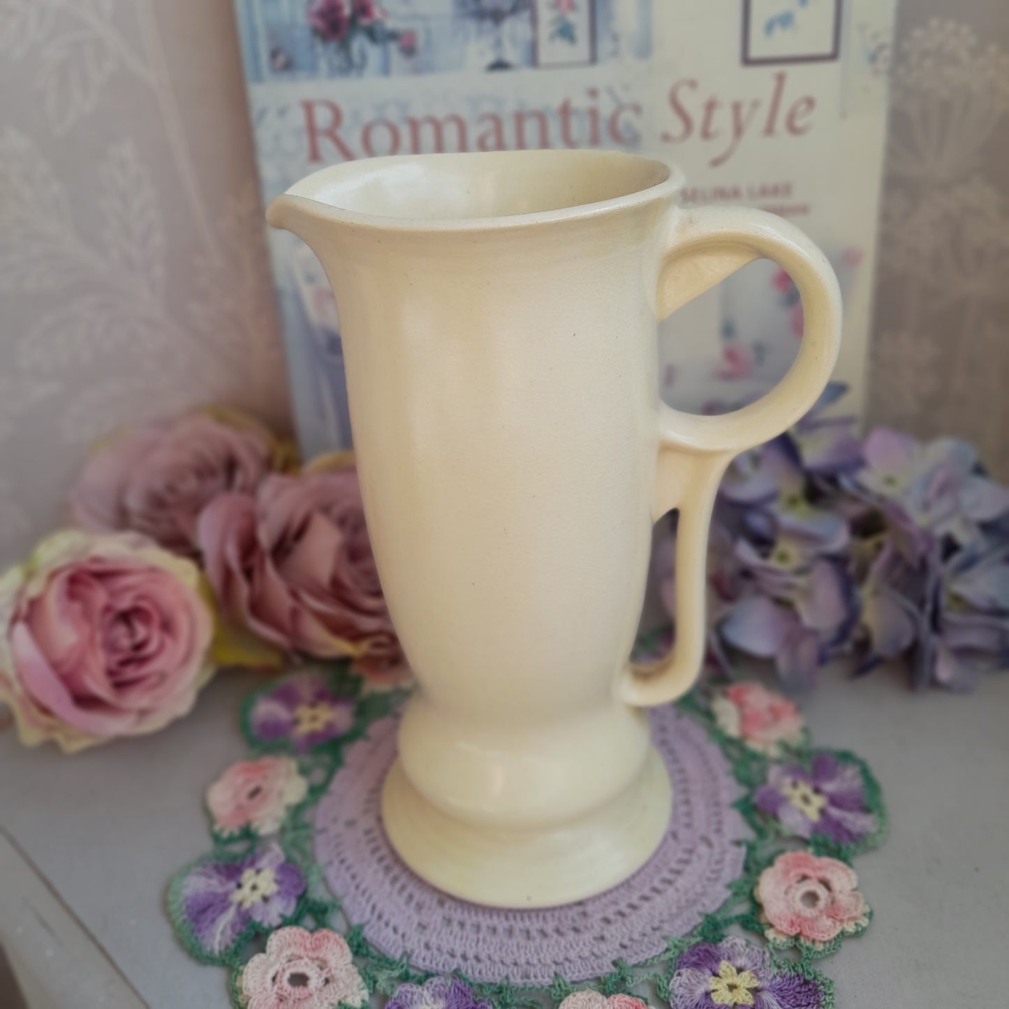 Vintage Art Deco Cream Ceramic Pitcher Vase, Elegant Footed Jug