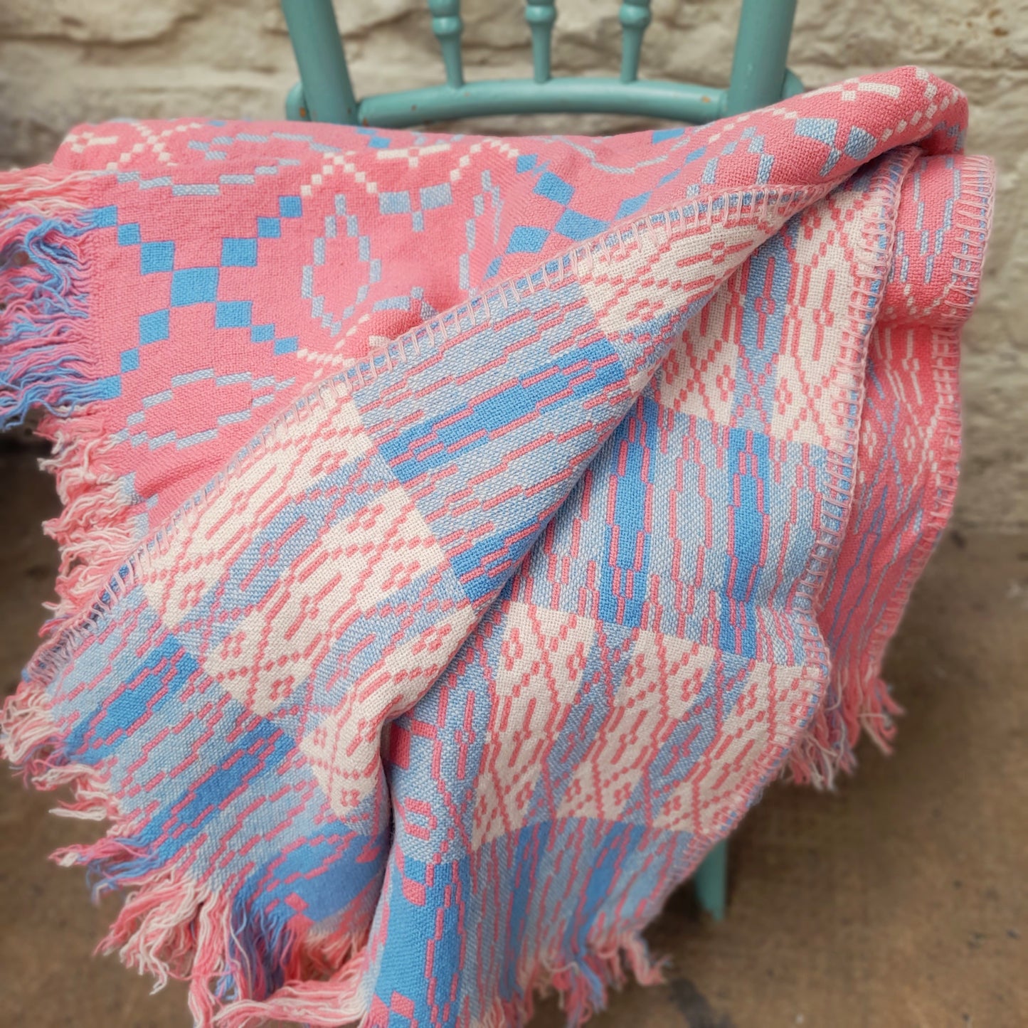 Vintage Welsh Tapestry Blanket in Baby Pink, Pale Blue & White