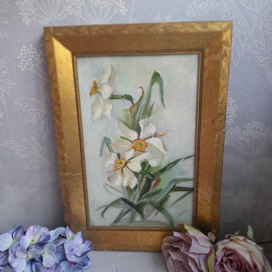 Darling Art Deco Original Oil Painting of Daffodils Framed & Signed E Mercer
