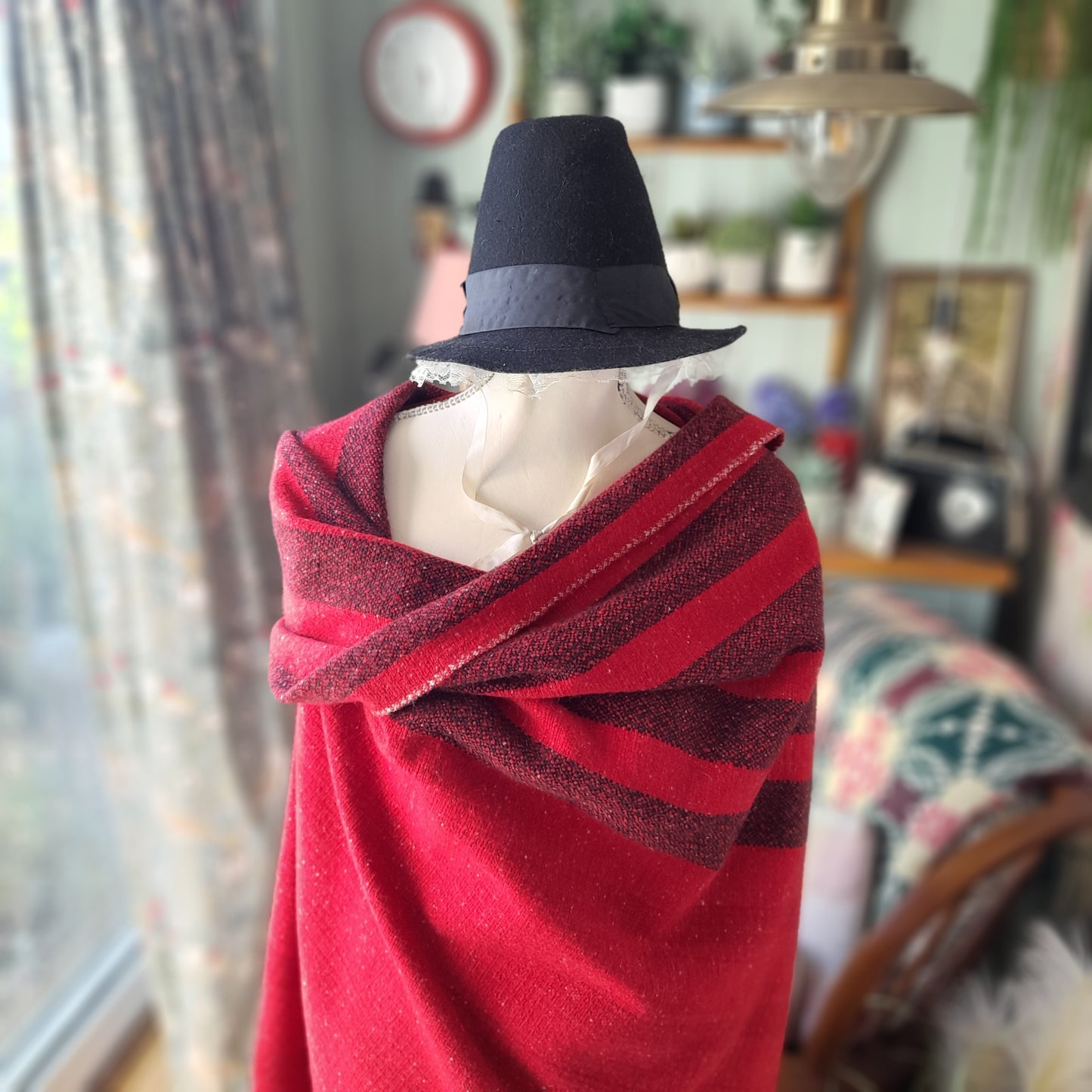 Welsh Blanket/Shawl in Scarlet Red With Traditional Black Stripe To One Side