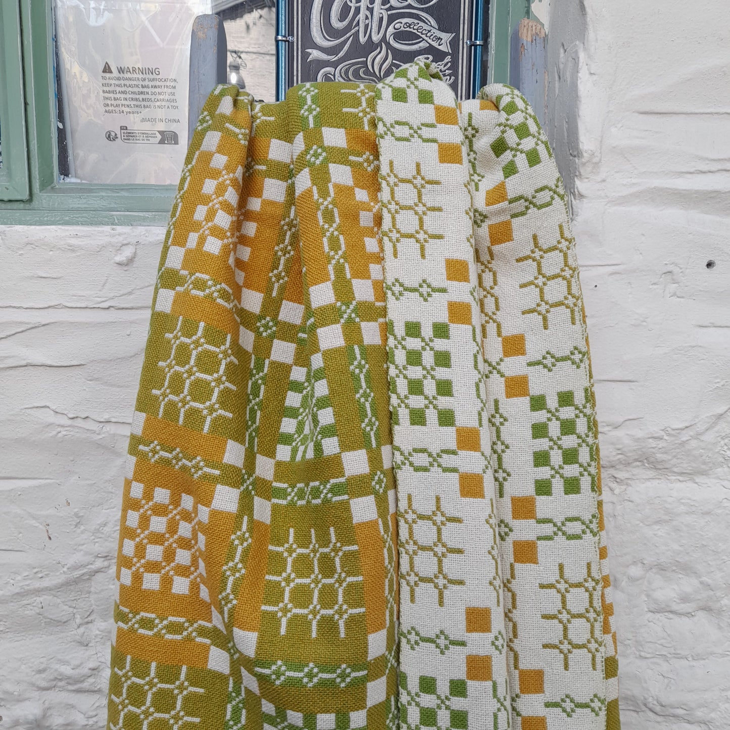 Vintage Welsh Tapestry Blanket in Mustard, Green & Cream by Elfed Woollen Mill King Size