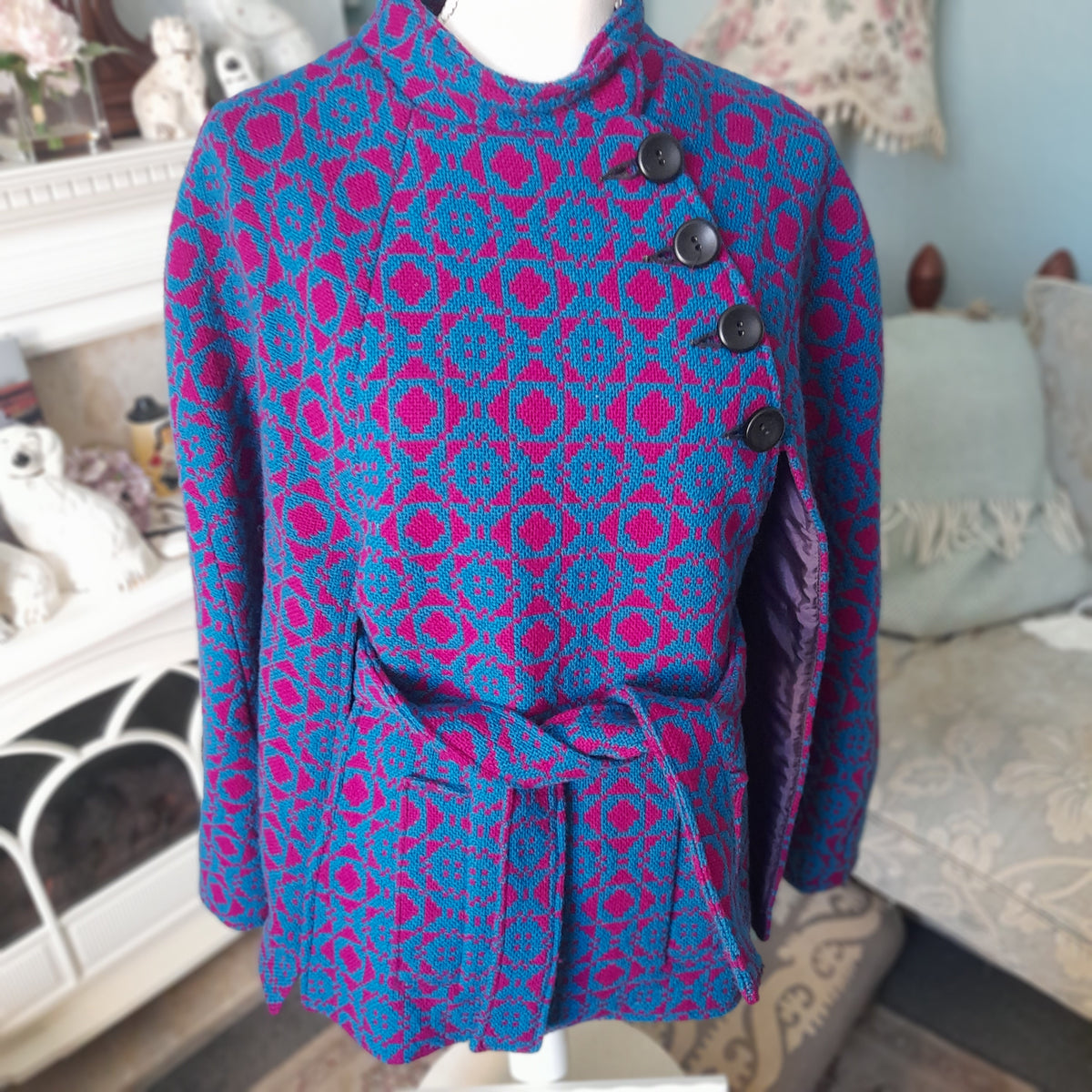 Vintage Welsh Tapestry Cape/Poncho in Dark Cerise Pink & Bright Blue Size 12/14