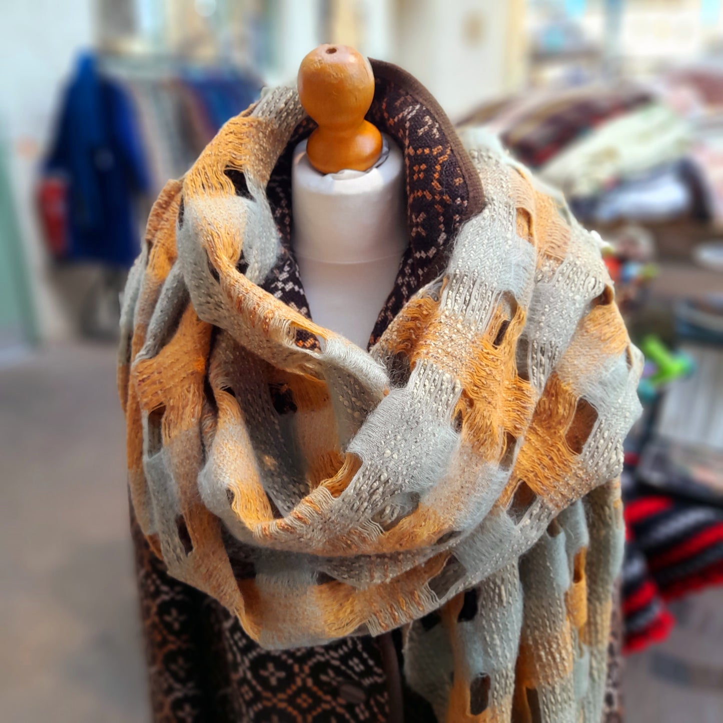 Sioni Rhys Handwoven Wool Wrap/Shawl in Burnt Orange & Sage Green