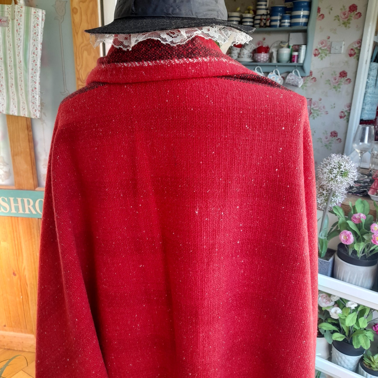 Welsh Blanket/Shawl in Scarlet Red With Traditional Black Stripe To One Side