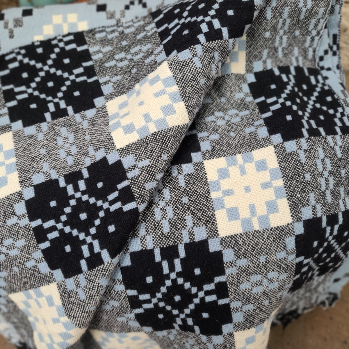 Rare Vintage Welsh Tapestry Blanket in Wedgwood Blue, White & Black King Size
