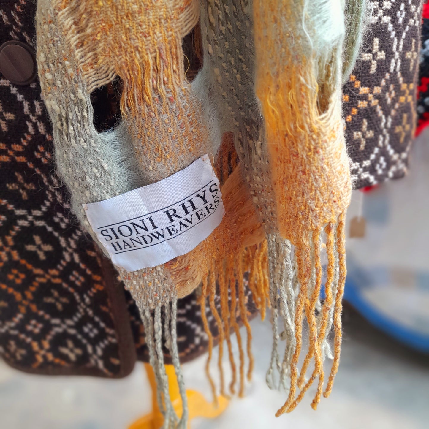Sioni Rhys Handwoven Wool Wrap/Shawl in Burnt Orange & Sage Green