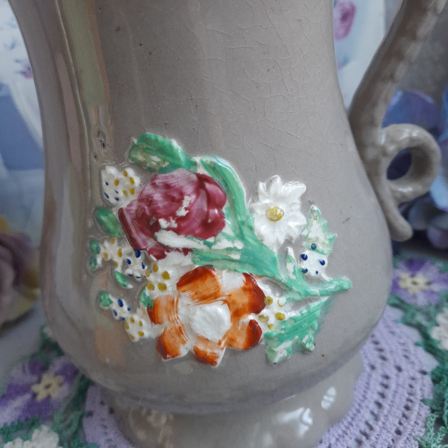 Victorian Staffordshire Drabware Jug with Applied Flowers, Antique English Pottery Pitcher, c. 1840