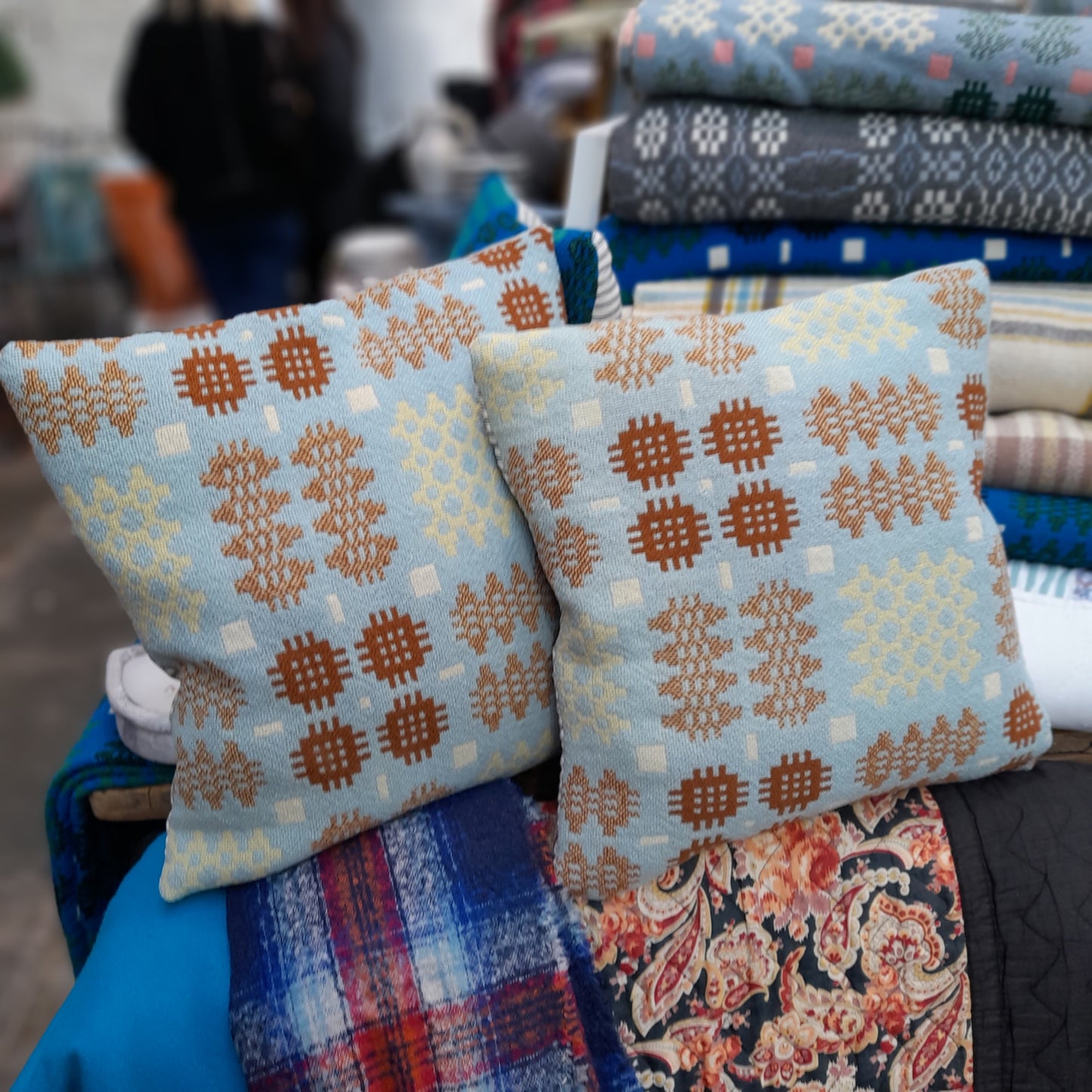 PAIR Handmade Welsh Blanket Cushions in Duck Egg Blue, Lemon & Brown 18"