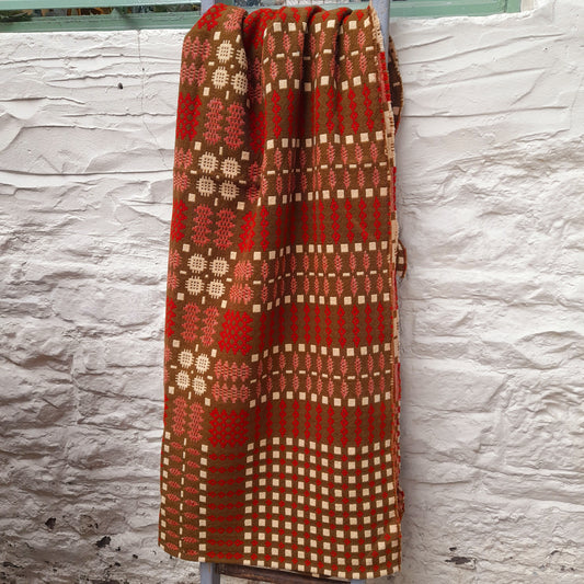 Antique Handmade Welsh Tapestry Blanket in Chocolate Brown Deep Red & Cream