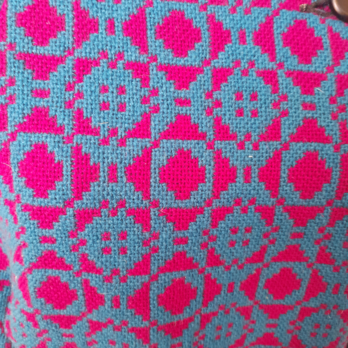 Vintage Welsh Tapestry Cape/Poncho in Dark Cerise Pink & Bright Blue Size 12/14