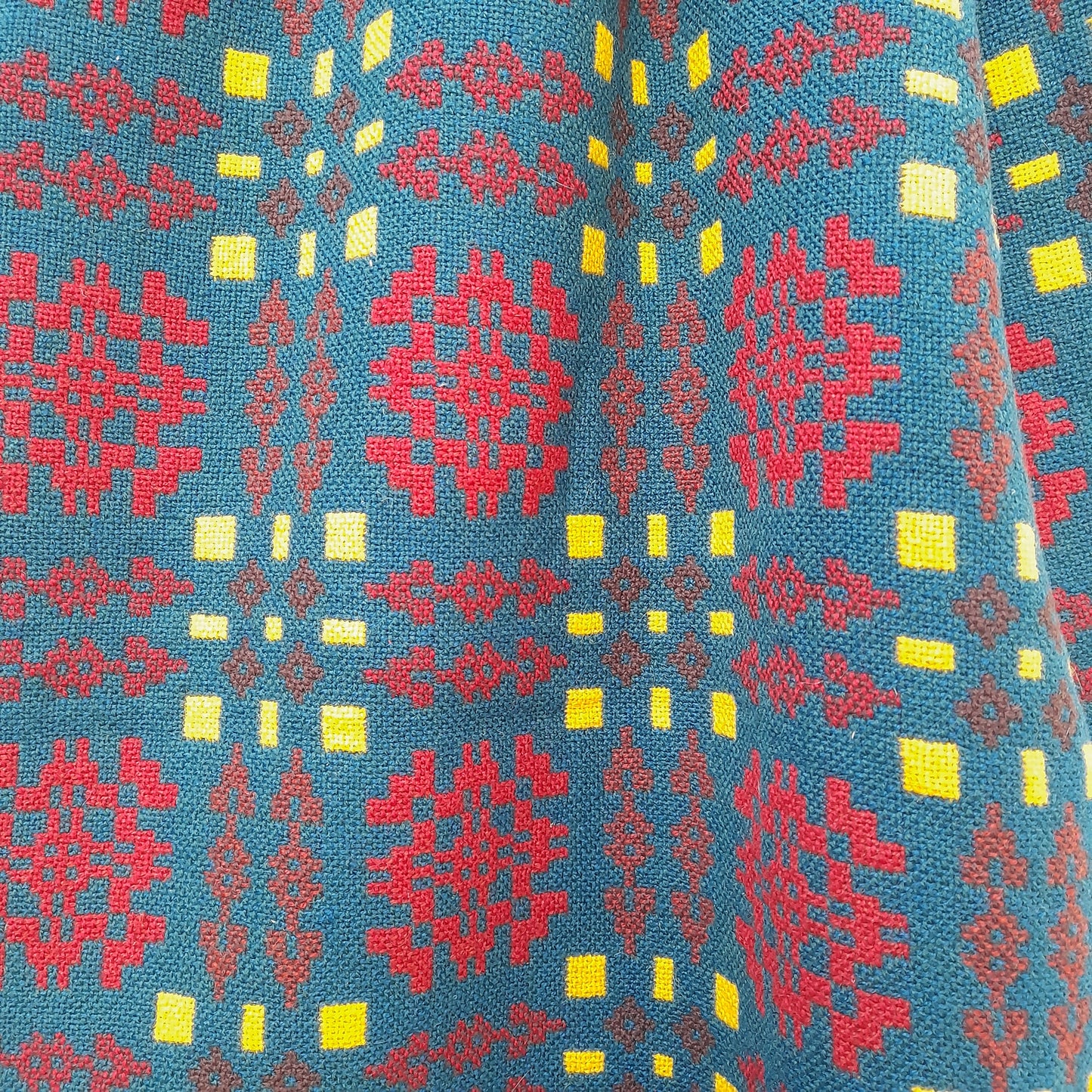 Vintage Welsh Tapestry Blanket in Green Red & Yellow by Wallis Woollen Mill King Size