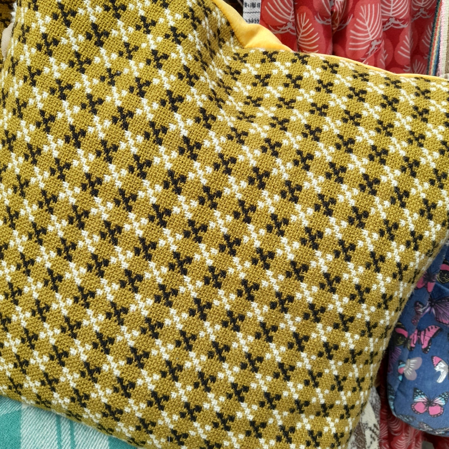 PAIR Handmade Cushions Made From Vintage Welsh Tapestry Fabric in Mustard, Black & Cream 18"