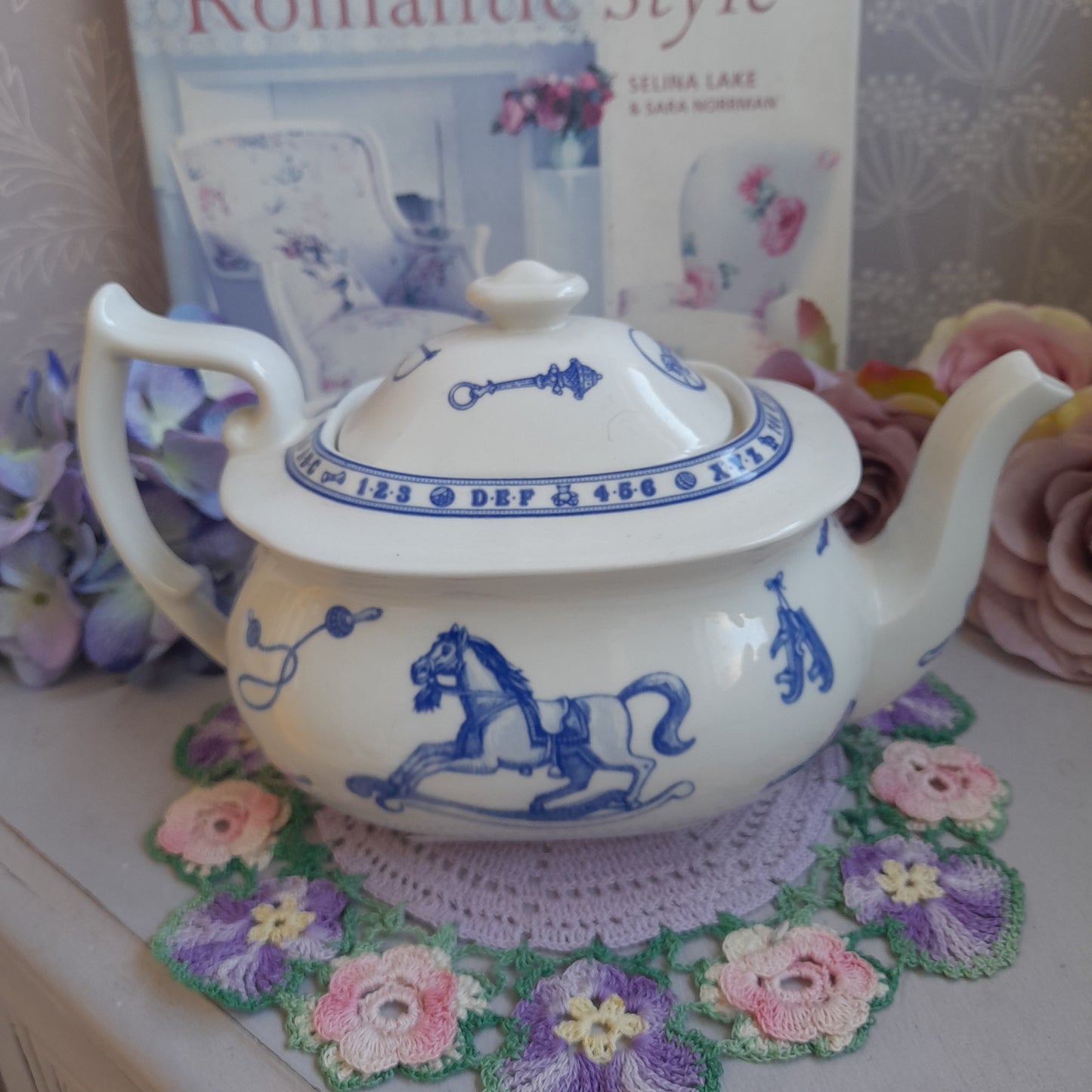 Spode Edwardian Childhood Blue & White Teapot With Rocking Horse Nursery Design