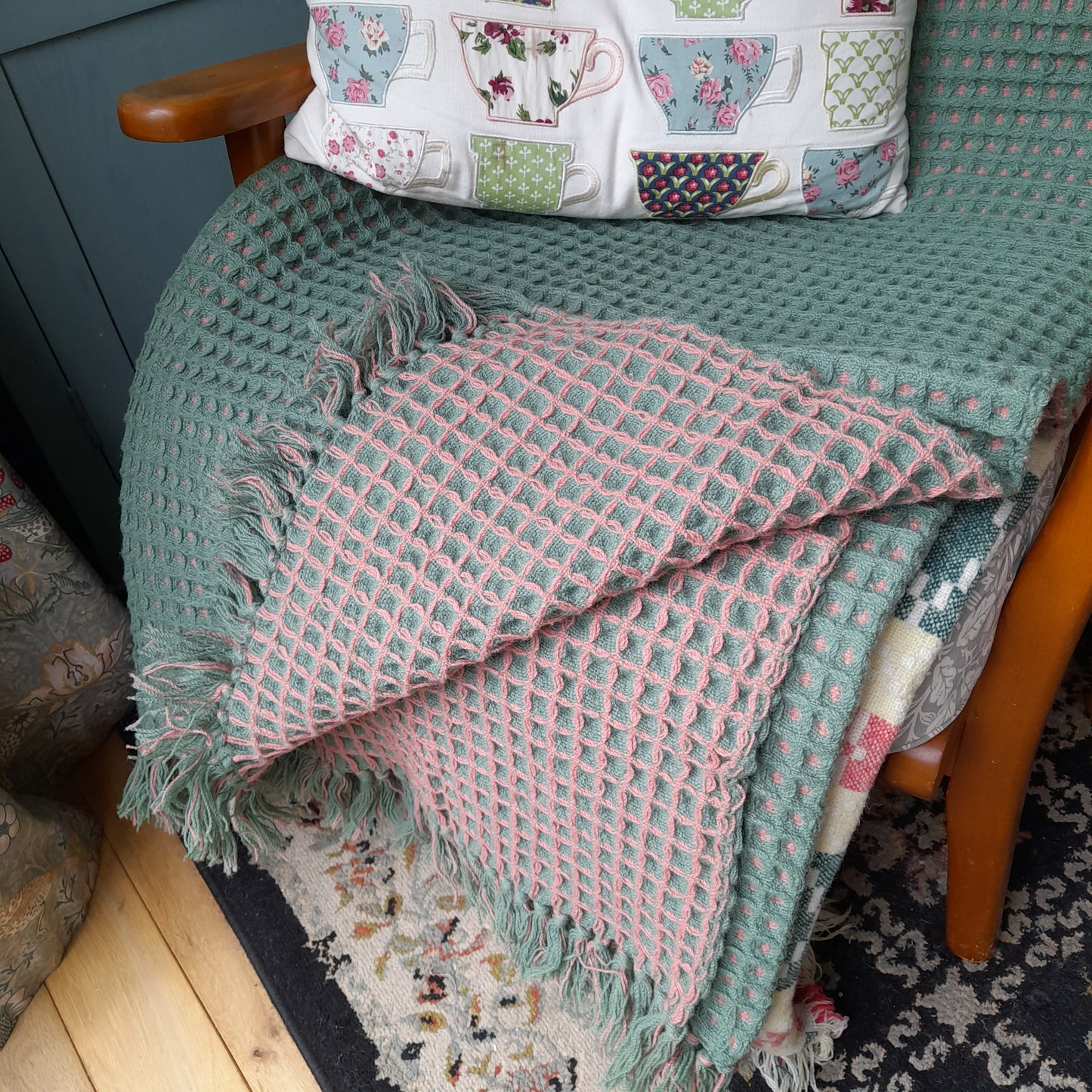 Large Vintage Welsh Wool Waffle Honeycomb Blanket in Reversible Pink & Green