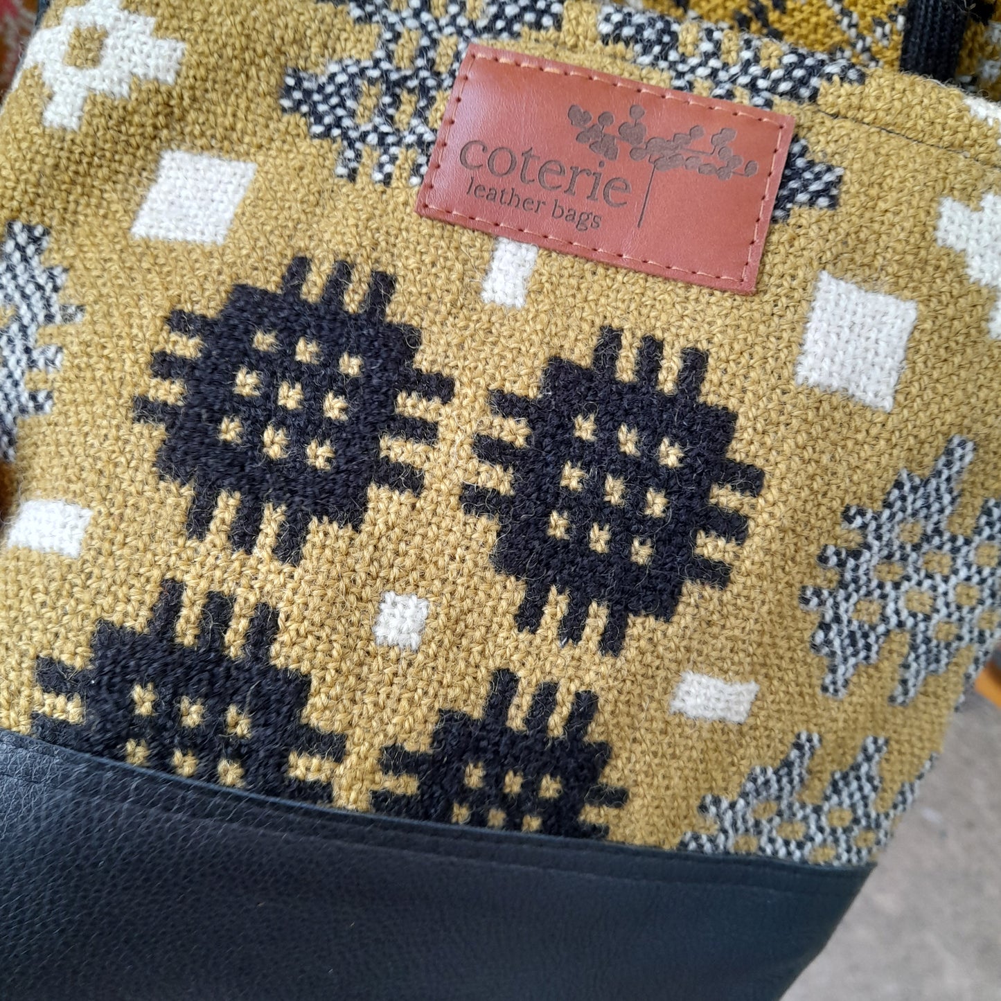 Handmade Coterie Leather Cross Body Handbag Made With Mustard & Black Vintage Welsh Wool Tapestry BNWT RRP £137