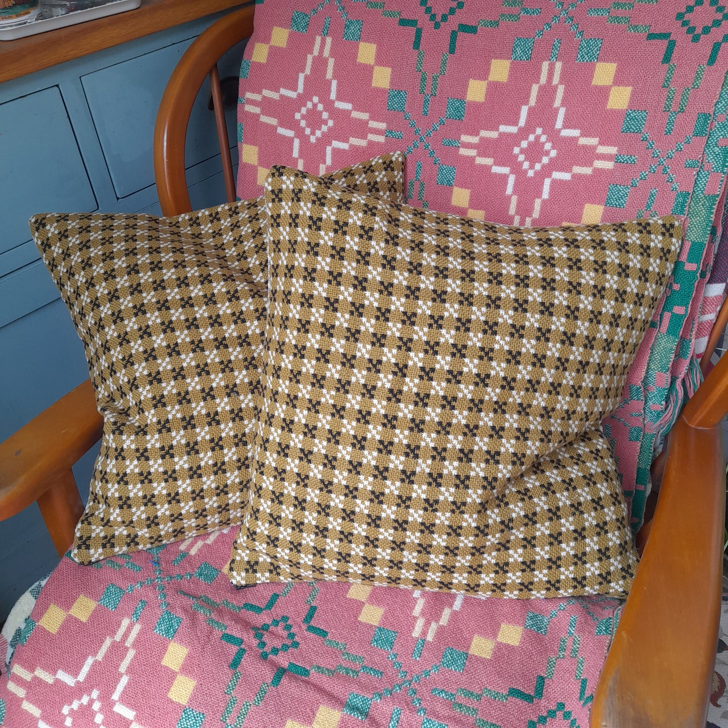 PAIR Handmade Cushions Made From Vintage Welsh Tapestry Fabric in Mustard, Black & Cream 18"