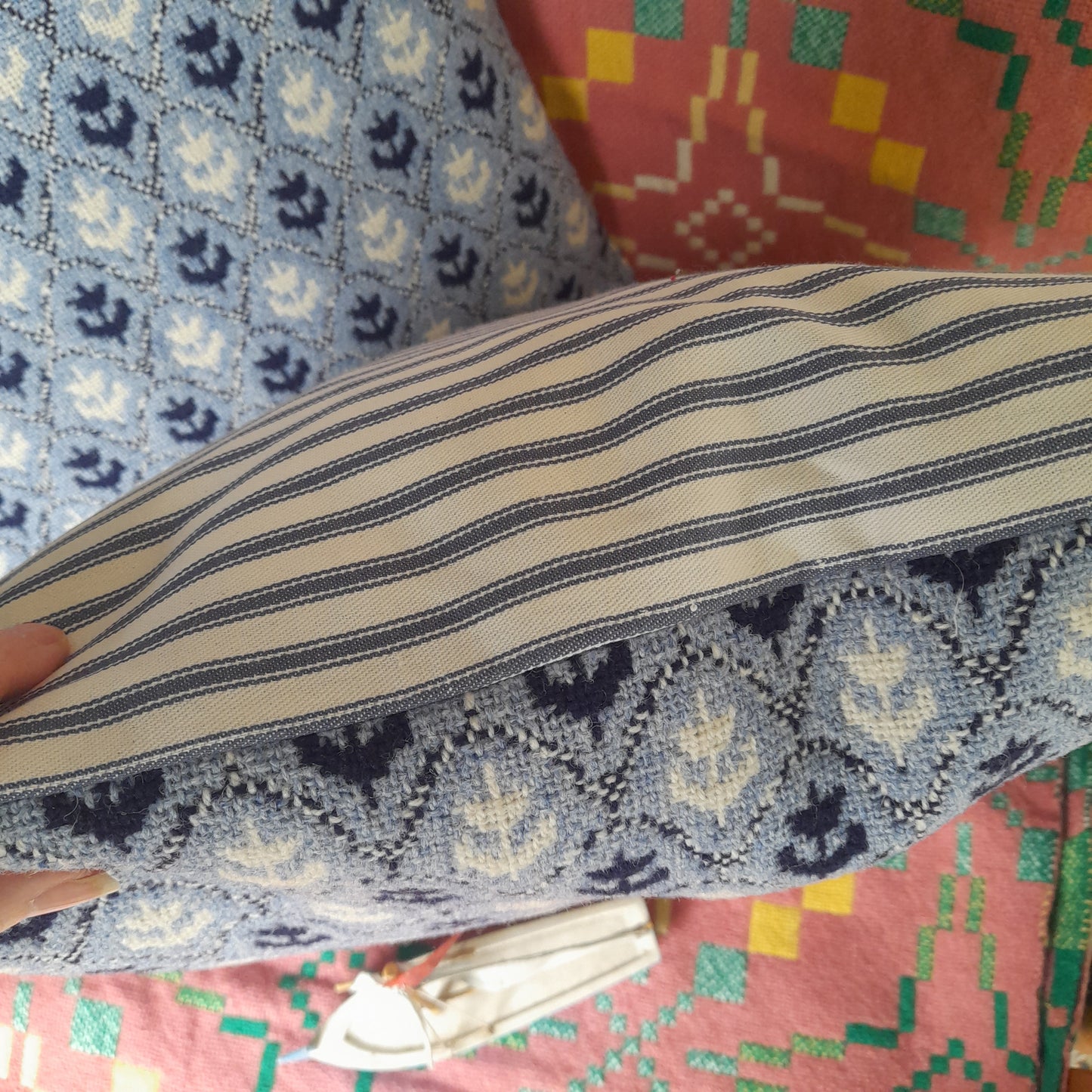 PAIR of Cushions in Navy, Blue & White Made From Vintage Welsh Tapestry 'Tulip' Fabric by Brynkir Woollen Mill 18"