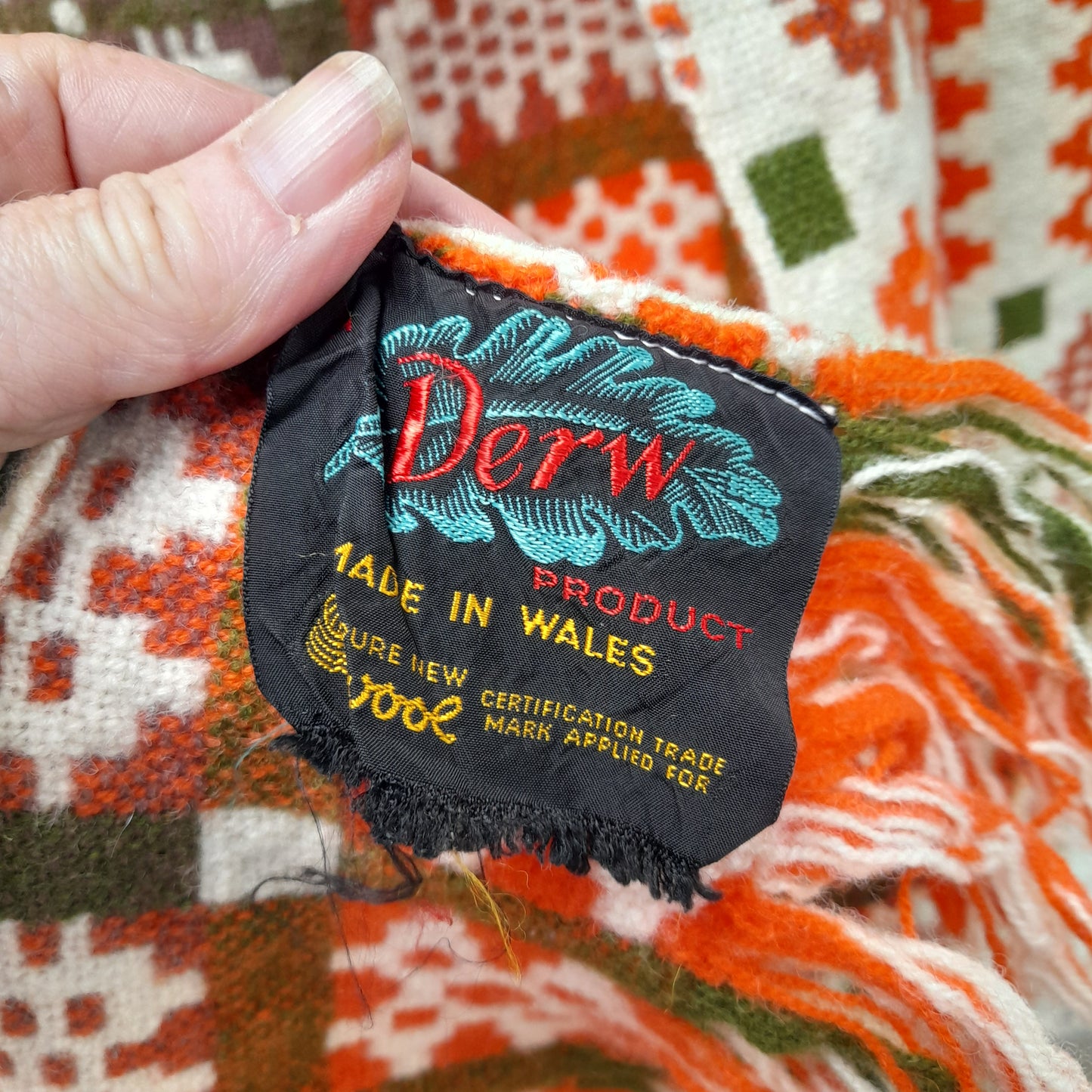 Vintage Welsh Tapestry Blanket in Cream Orange & Olive Green by Derw Mill