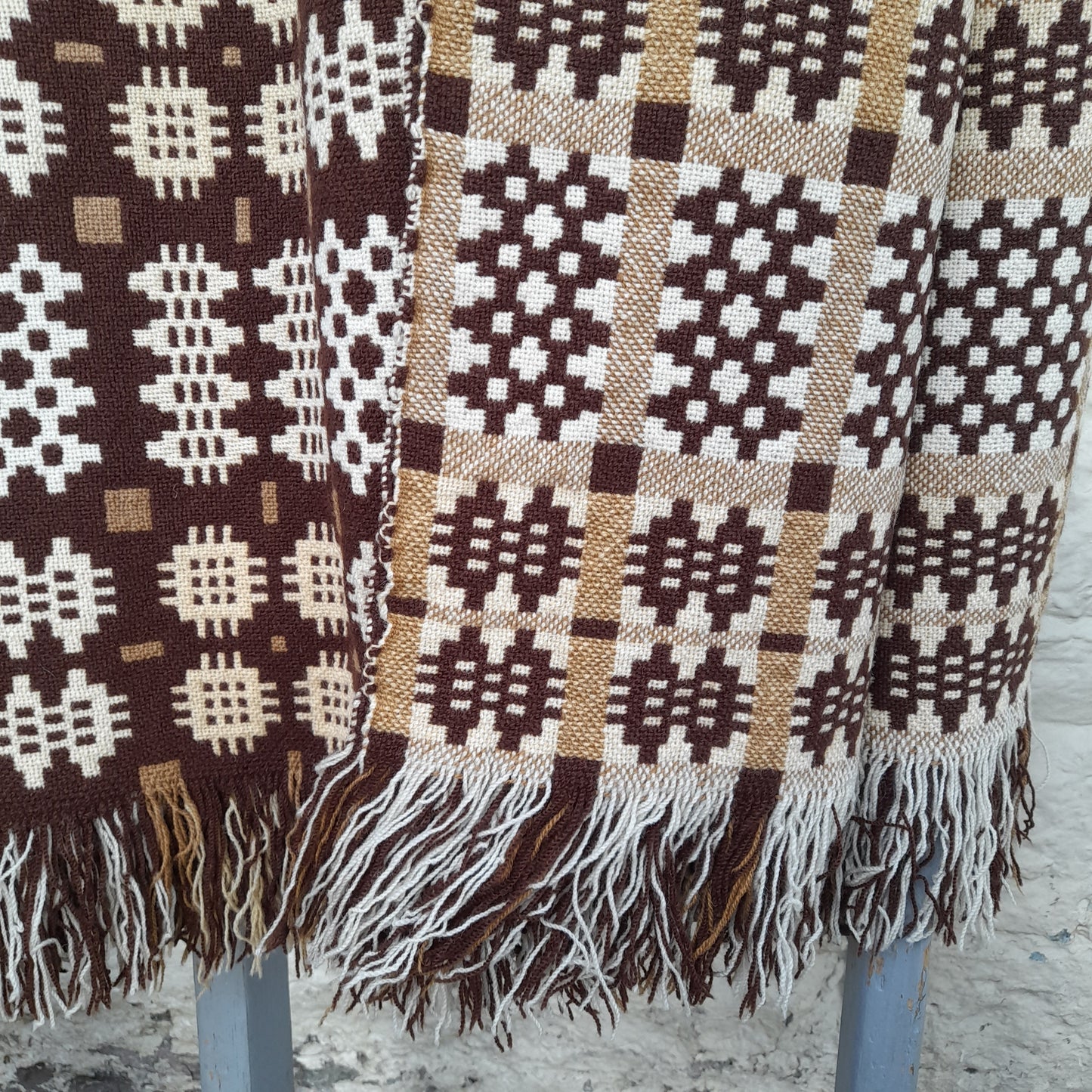 PAIR of Vintage Welsh Tapestry Blanket in Chocolate Brown & Cream