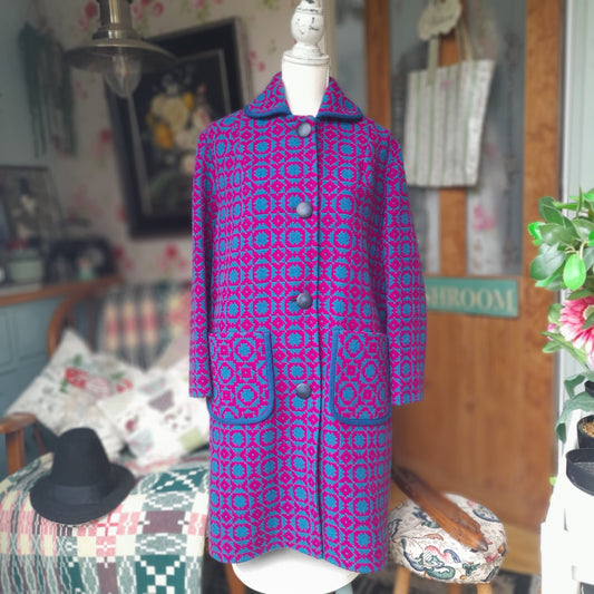 Vintage Welsh Tapestry Long Coat in Bright Pink & Turquoise