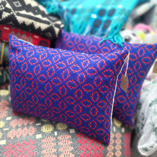 Pair of Cushions in Navy Blue & Red Handmade from Vintage Welsh Tapestry 14" x 18"