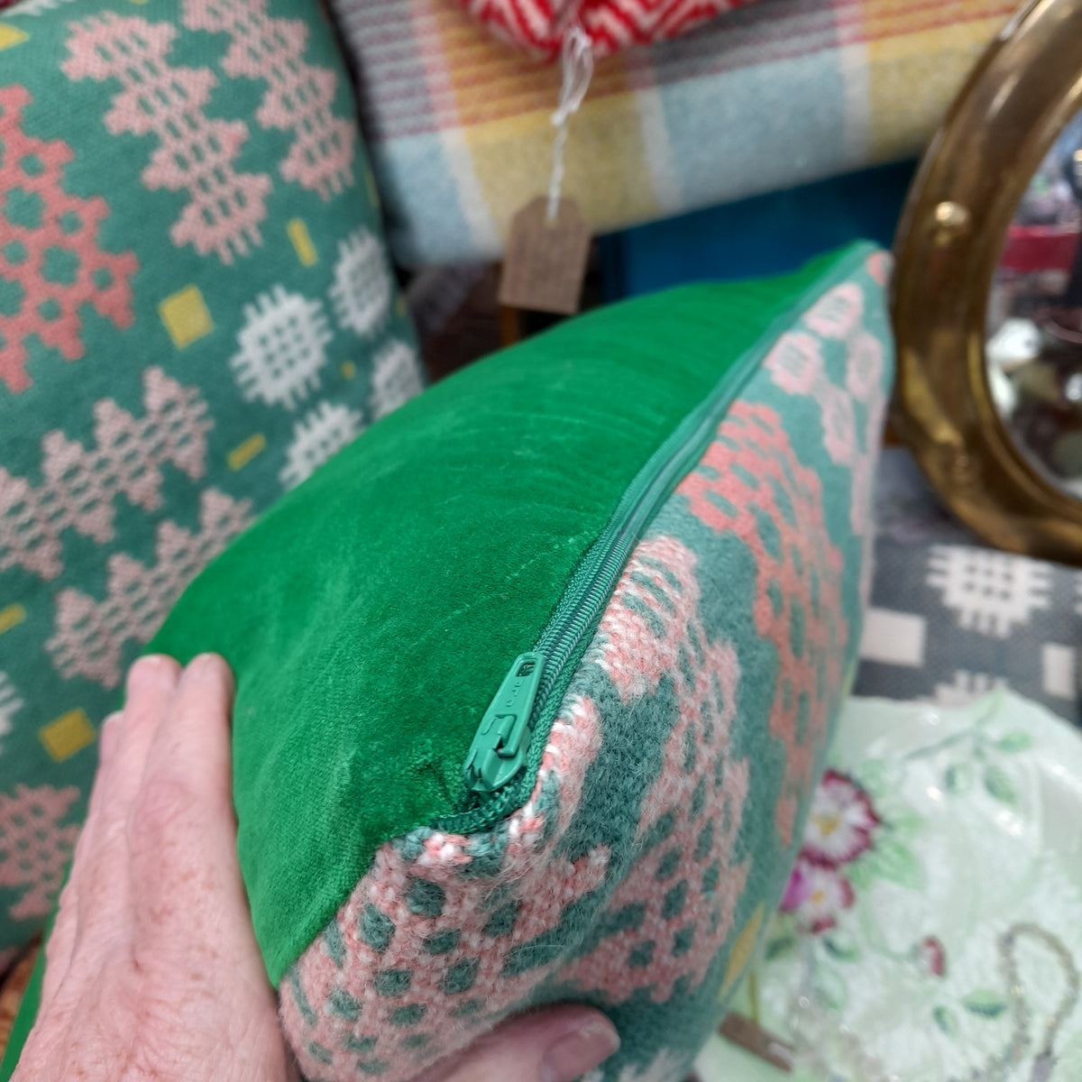PAIR Of Handmade Welsh Blanket Cushions in Bright Green, Coral Pink & White With A Pop of Yellow 18"