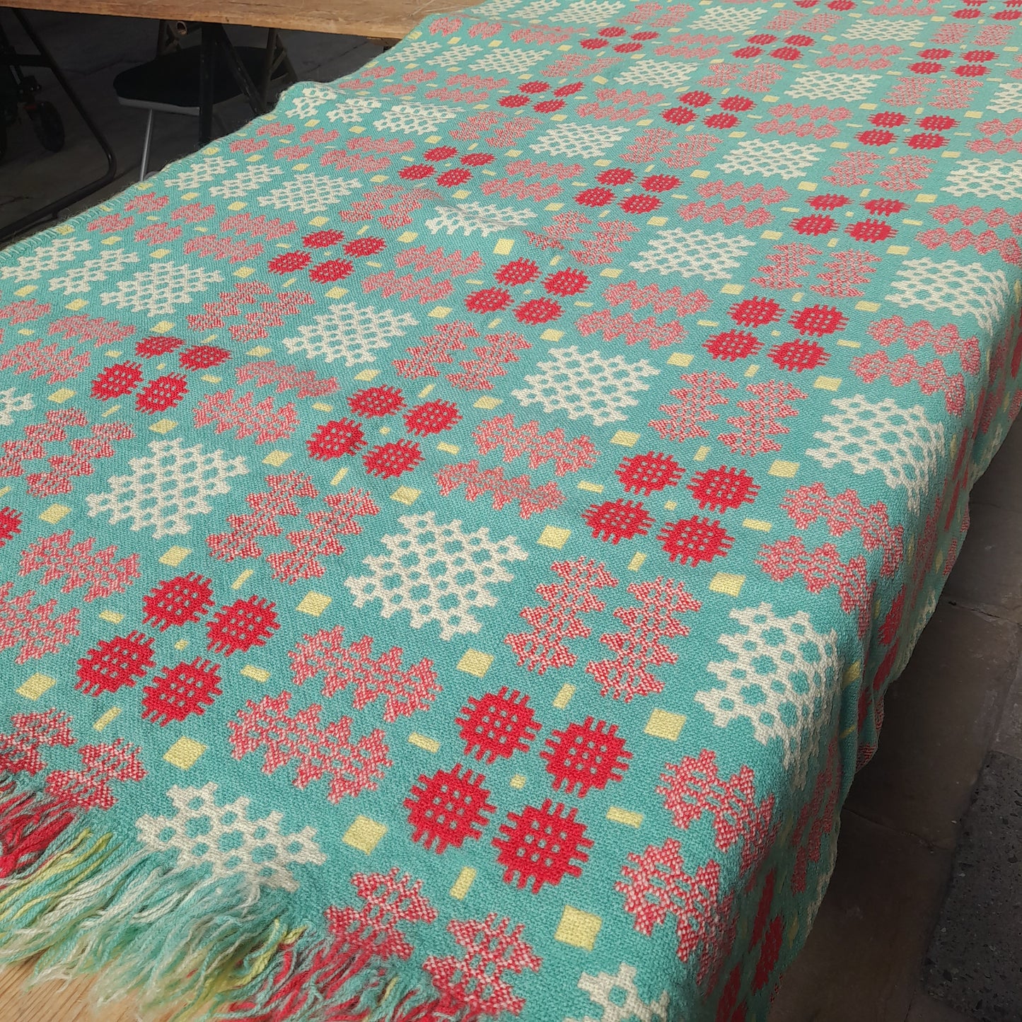 Vintage Welsh Tapestry Blanket in Green, Raspberry Red, Lemon Yellow & White King Size