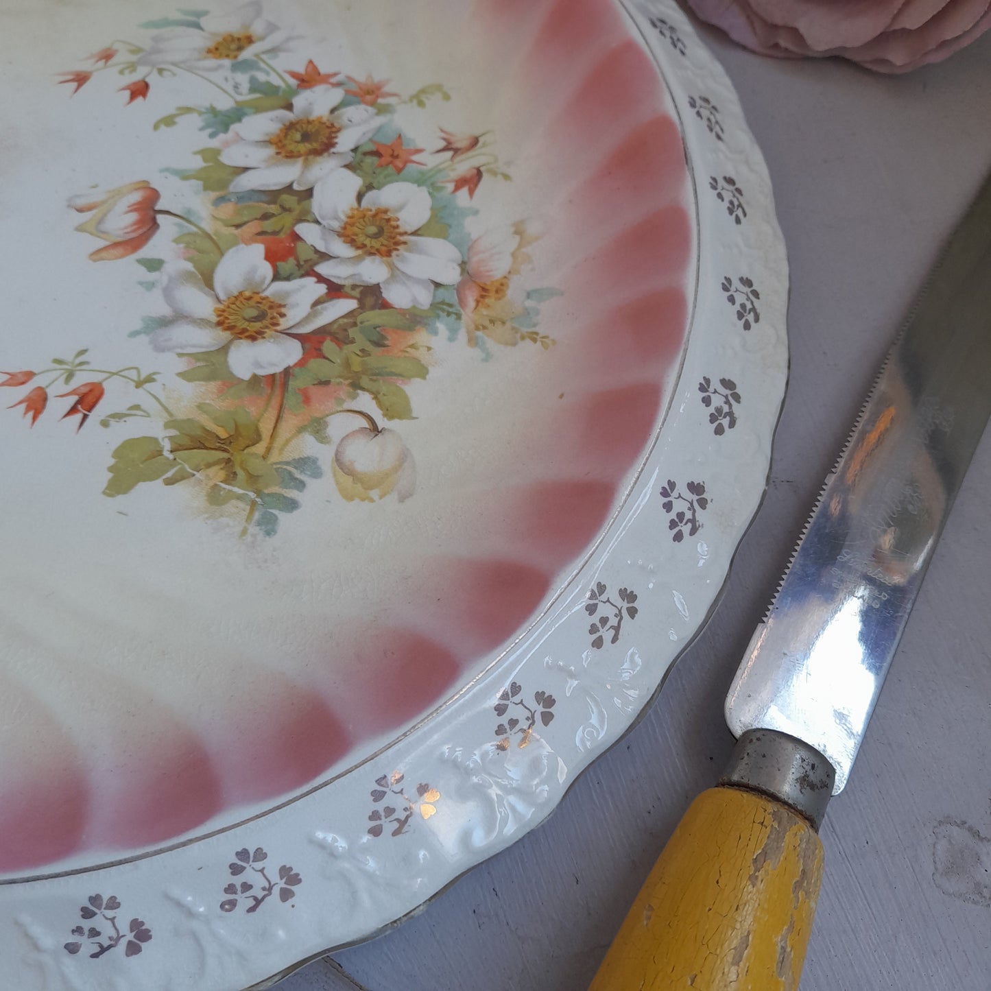 Large Antique Pink Floral Bread Plate With Scallop Edge Very Shabby Chic
