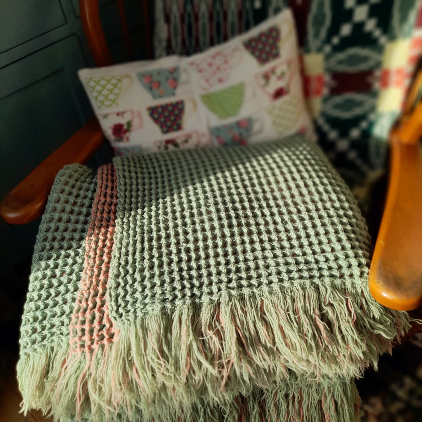 Vintage Welsh Wool Waffle Honeycomb Blanket in Reversible Green & Pink