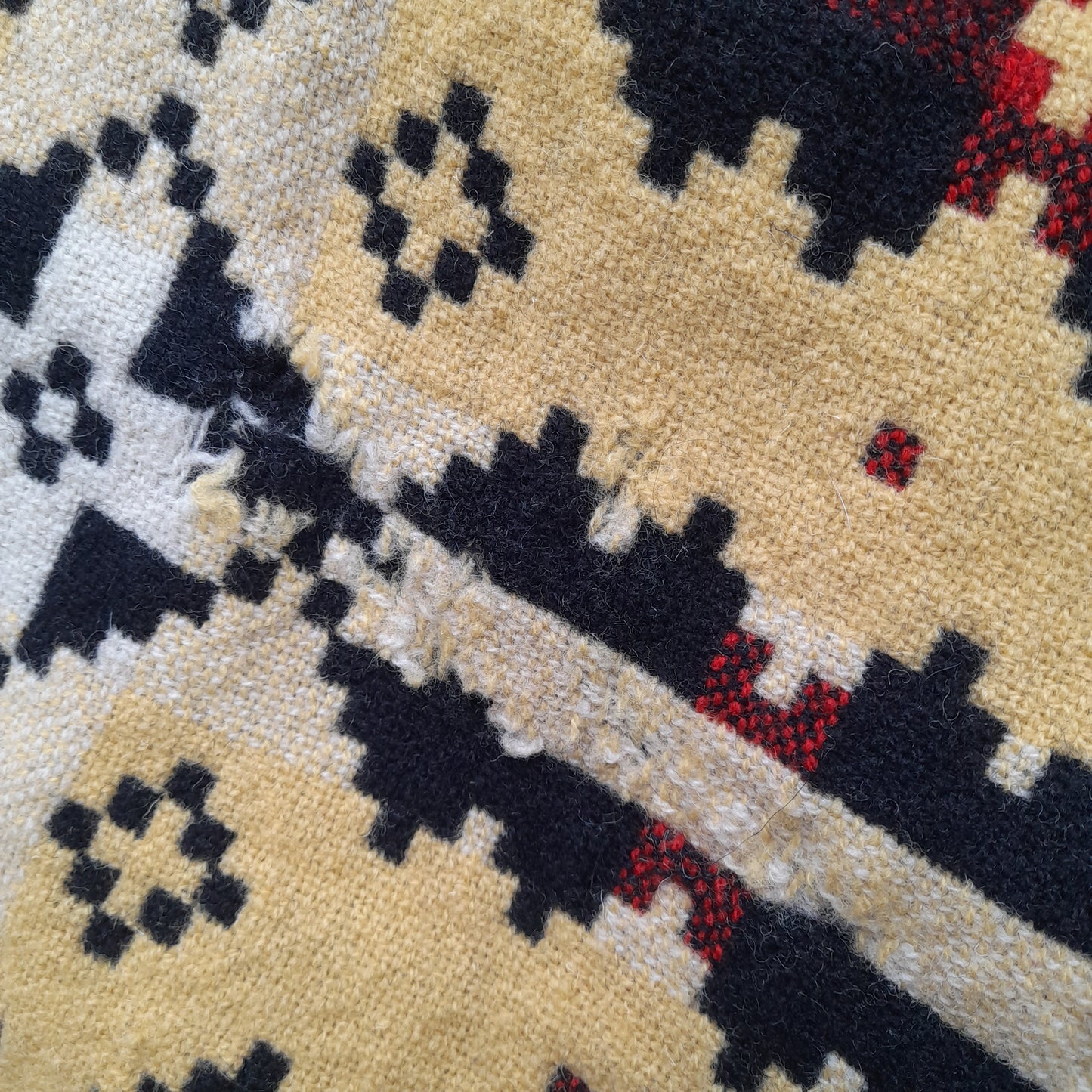 Antique Welsh Blanket in Black Red & Yellow by Brynkir Mill