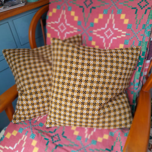 PAIR Handmade Cushions Made From Vintage Welsh Tapestry Fabric in Mustard, Black & Cream 18"