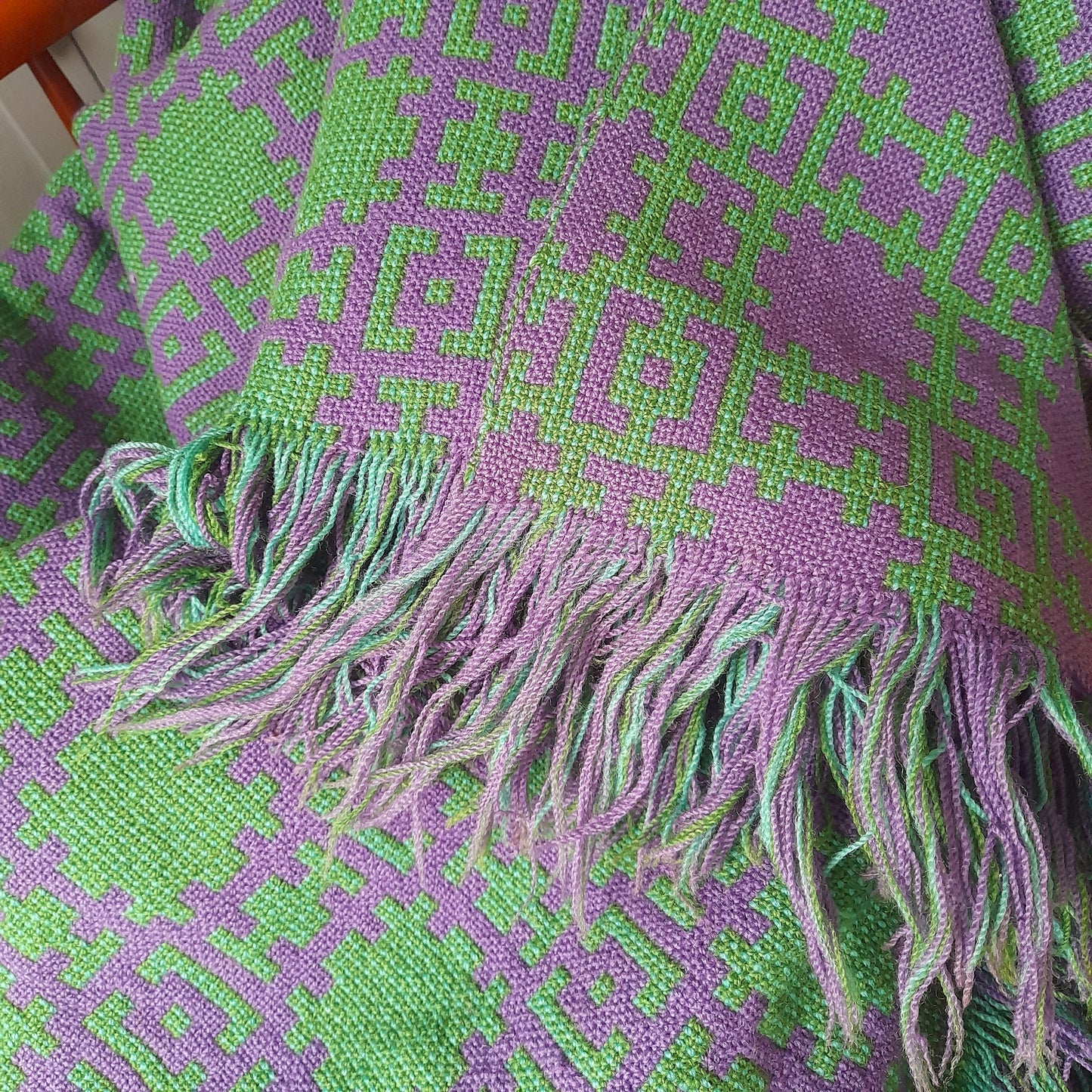 RARE Vintage Welsh Tapestry Blanket in Bright Green & Purple Woven by Arthur Morus Dolwerdd Mill