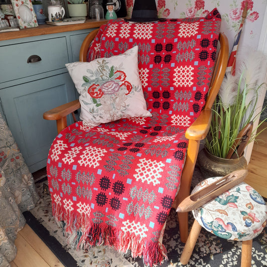 Vintage Welsh Tapestry Blanket in Bright Pink Black White & a Pop of Blue