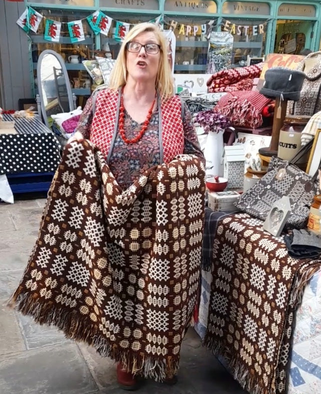 PAIR of Vintage Welsh Tapestry Blanket in Chocolate Brown & Cream
