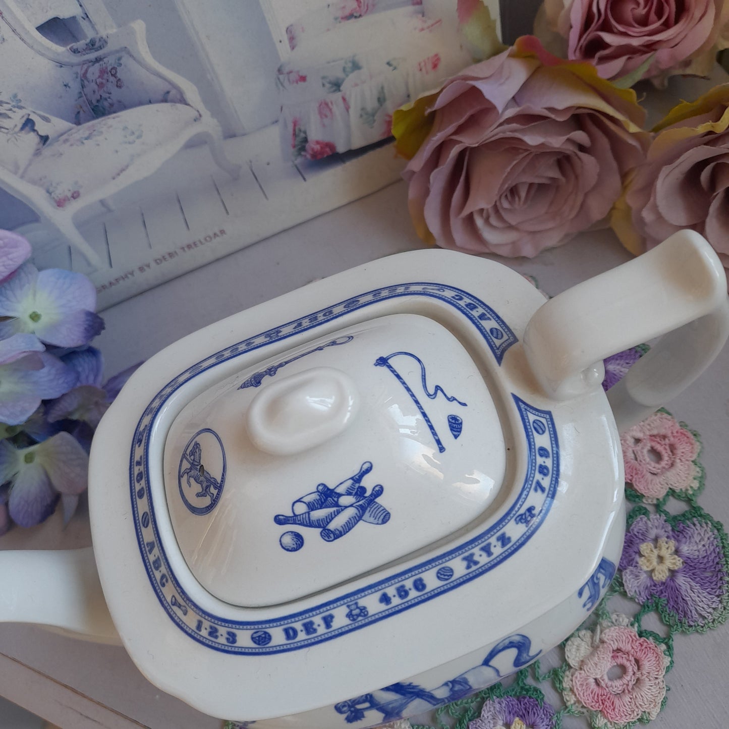 Spode Edwardian Childhood Blue & White Teapot With Rocking Horse Nursery Design