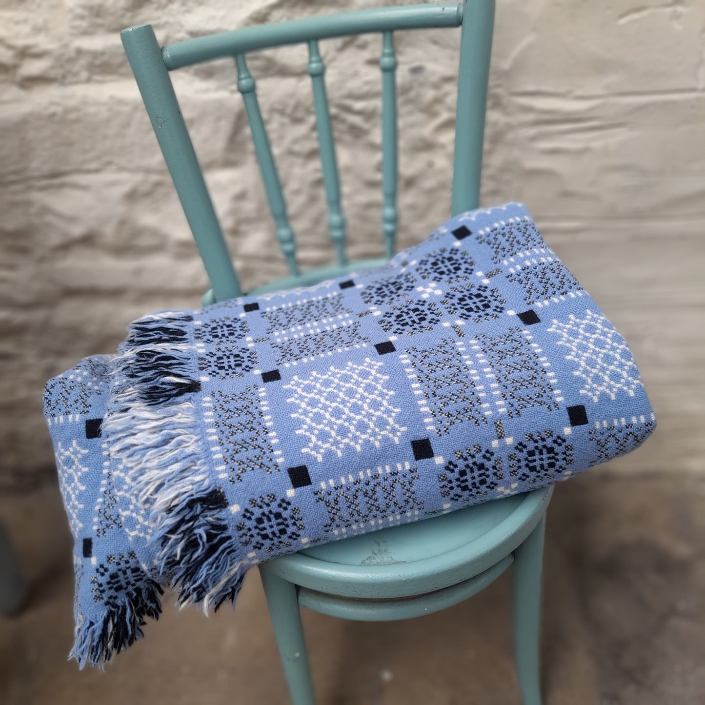 Vintage Welsh Tapestry Blanket in Blue, Black & White Knot Garden Design by Melin Tregwynt