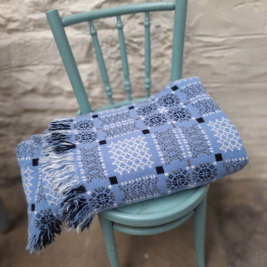 Vintage Welsh Tapestry Blanket in Blue, Black & White Knot Garden Design by Melin Tregwynt