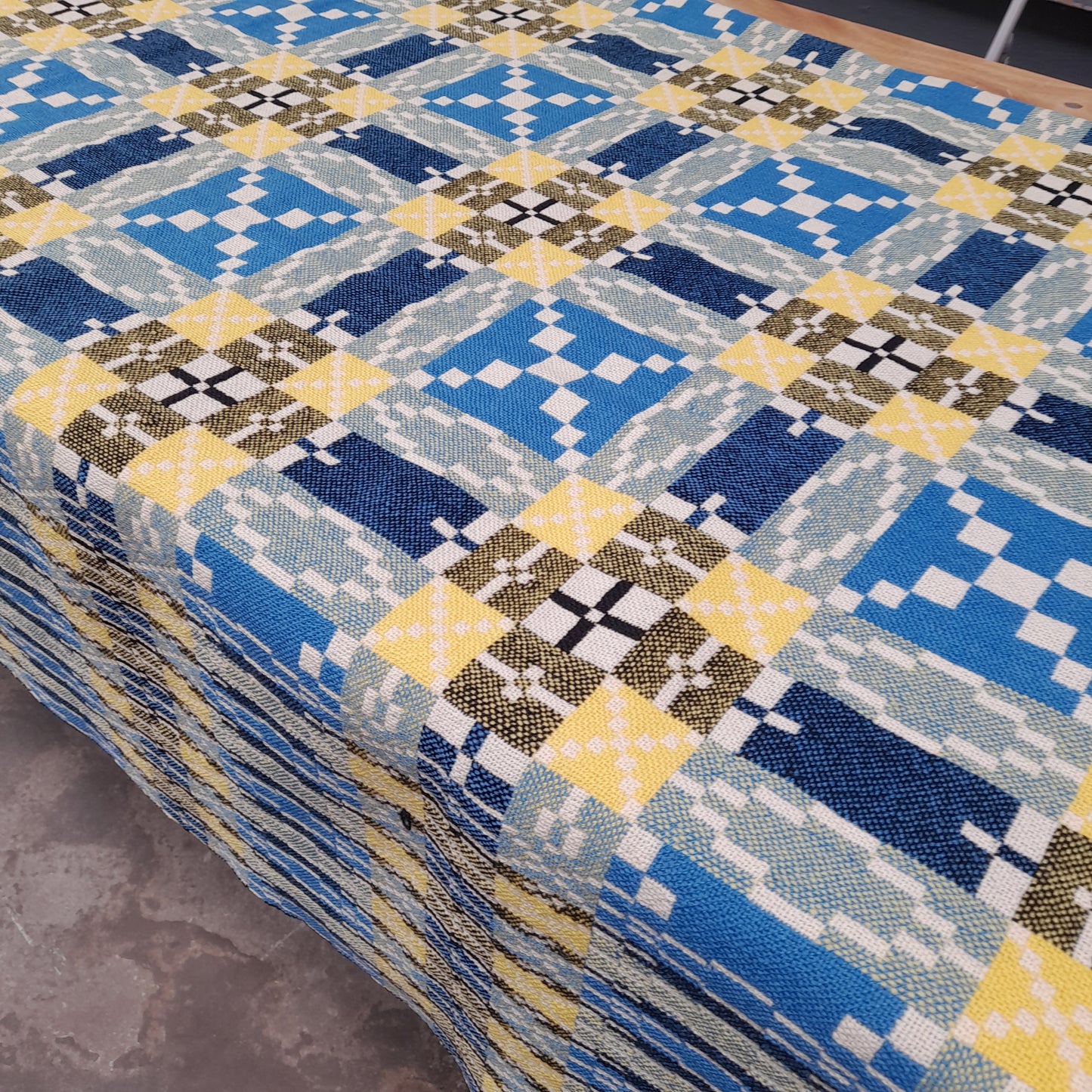 Vintage Welsh Tapestry Blanket in Blue, Black & Daffodil Yellow King Size