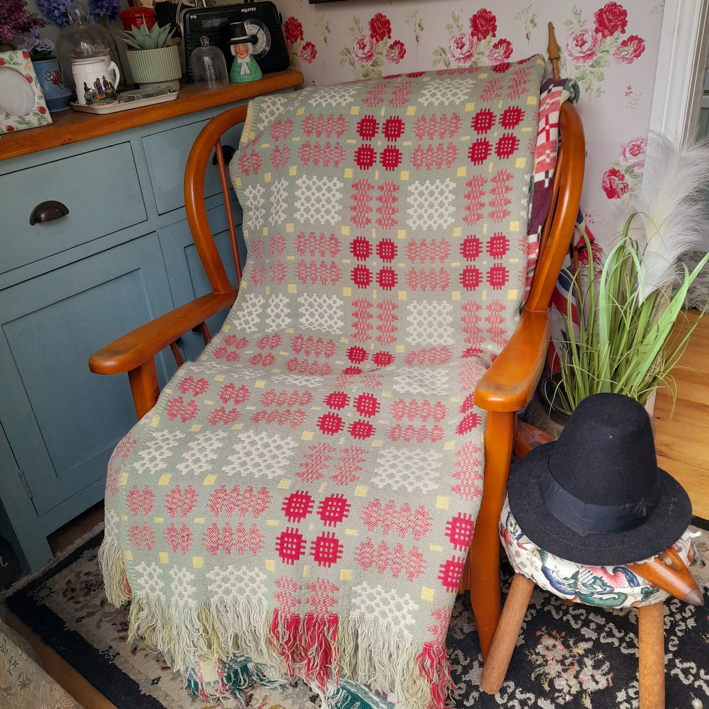 Vintage Welsh Tapestry Blanket in Sage Green, Raspberry Pink, Yellow & White King Size