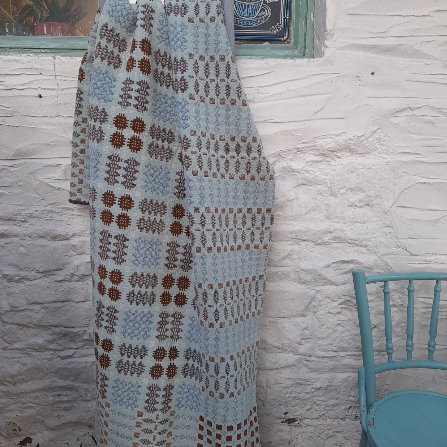 RARE Early Antique Welsh Tapestry Blanket in Grey Blue & Brown