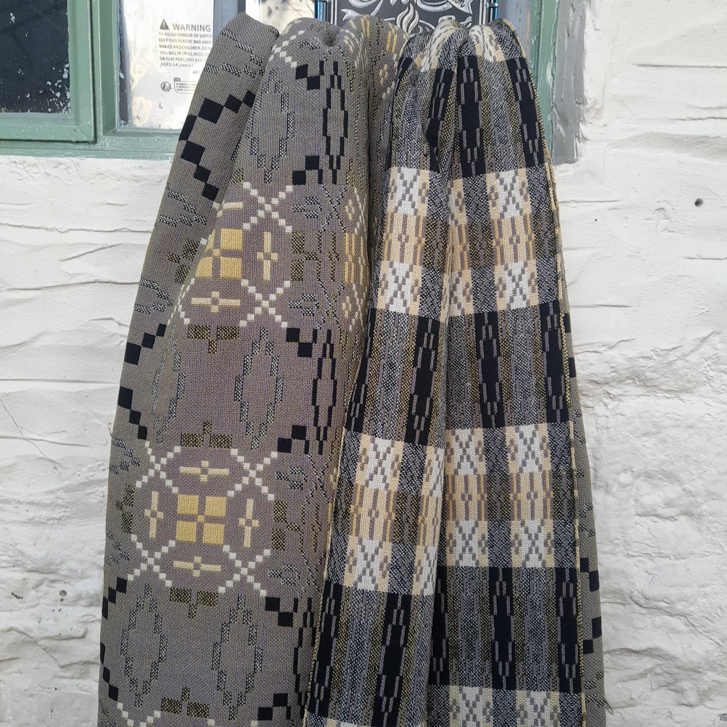 RARE Vintage Welsh Tapestry Blanket in Unusual Green, Lilac & Black Looks Grey King Size